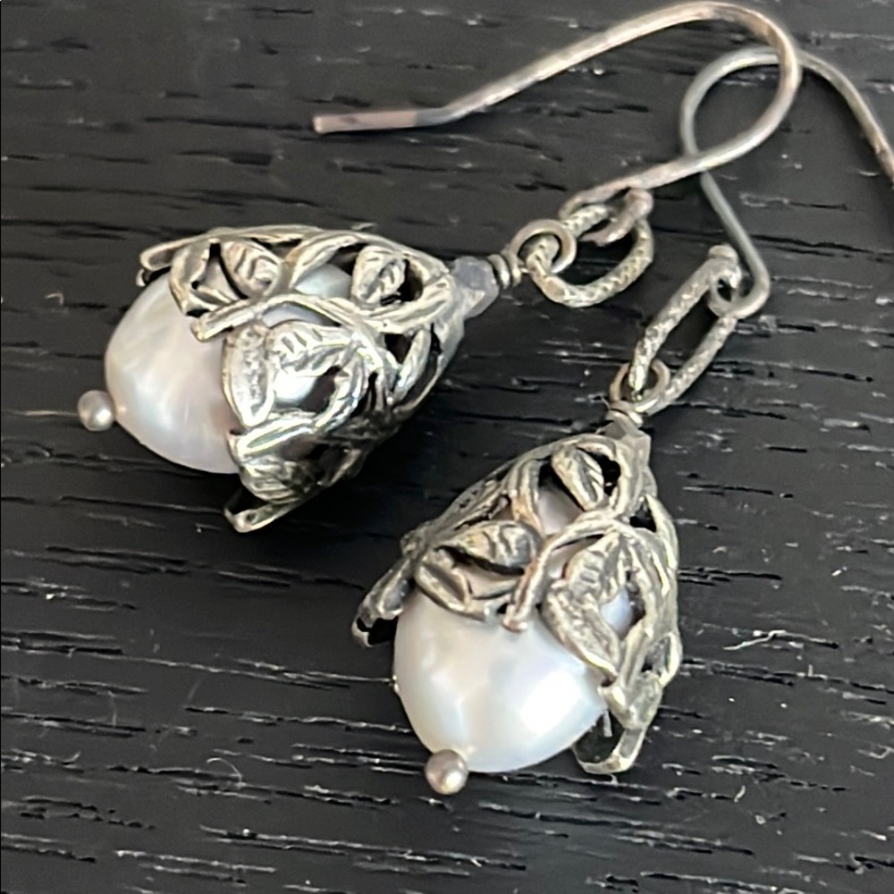 Pearl Drop Earrings Silver Leaf Jackets